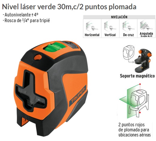 Nivel láser rojo con alcance de 10 m, de pilas, Truper, Niveles Láser, 17079