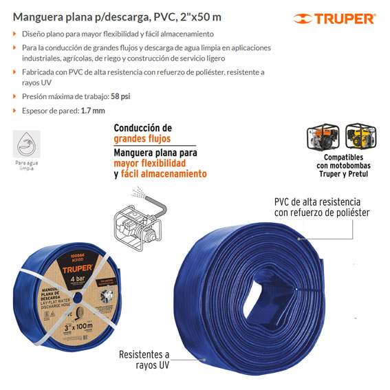 Manguera plana p/descarga de agua, PVC flexible, 3' x 50 m Truper