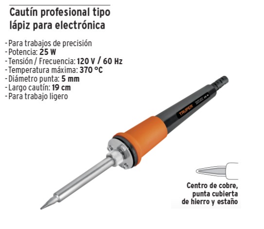 Cautín 25 W profesional tipo lápiz para electrónica, Truper, Cautines Tipo  Lápiz, 101119