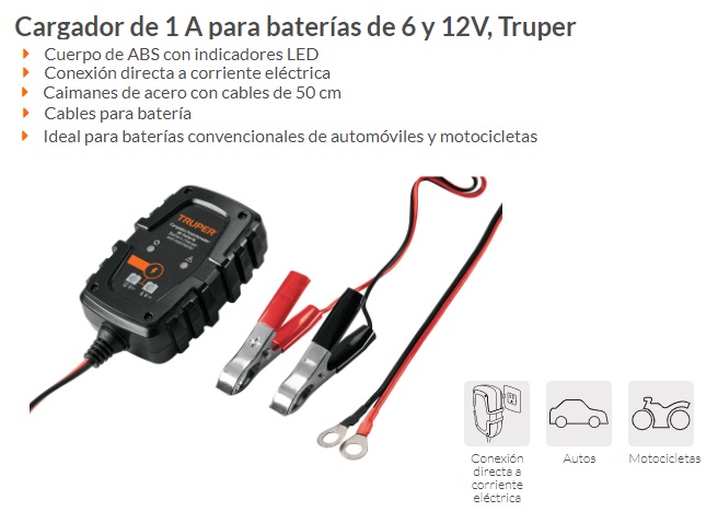 Cargador de 1 A para baterías de 6 y 12V, Truper, Cargador De Baterías,  101610