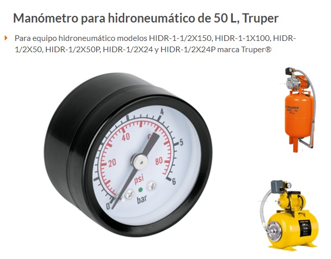 Manómetro para hidroneumático de 50 L, Truper, Para Máquinas Eléctricas,  101712