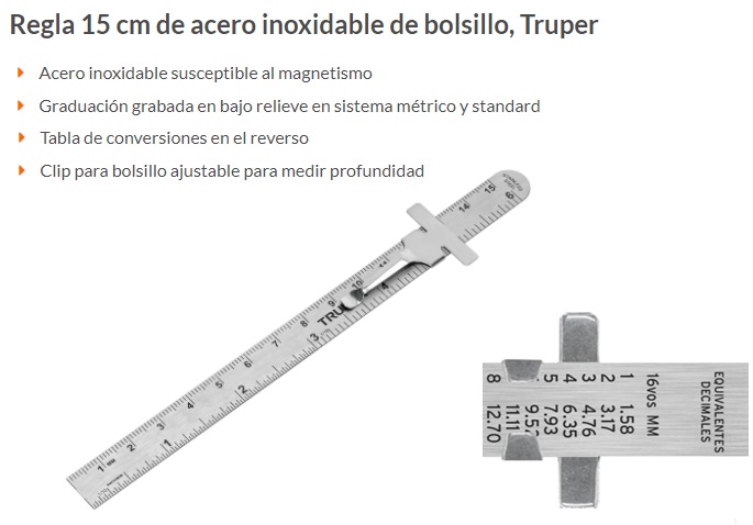 Regla 15 cm de acero inoxidable de bolsillo, Truper, Herramientas, 101810