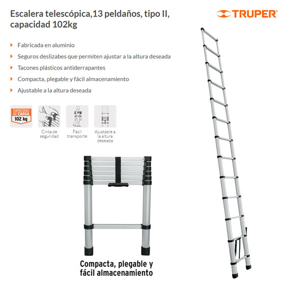 Escalera telescópica,13 peldaños, tipo II, capacidad 102kg, Herramientas,  101904