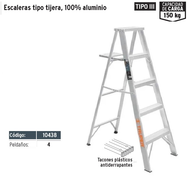 Escaleras de tijera tipo III, 100% aluminio, 150 kg, Escaleras Tipo Tijera