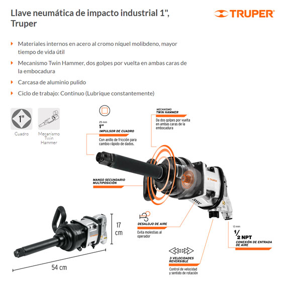 Llave de impacto neumática 1 , industrial, Truper, Pistolas De Impacto,  11186