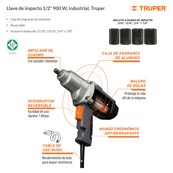 Llave de impacto 1/2 900 W, industrial, Truper, Destornilladores y Llave De  Impacto, 11682