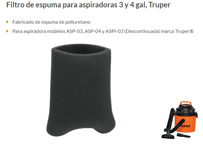 Filtro de cartucho para aspiradoras 5, 12 y 16 gal, Truper, Refacciones  Para Aspiradoras, 12085