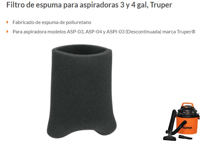 Filtro de cartucho para aspiradoras 5, 8, 12 y 16 gal,Truper, Refacciones  Para Aspiradoras, 19295