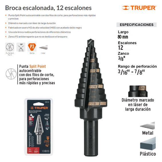 Broca escalonada óxido negro 12 escalones 3/16 a 7/8 marca Truper