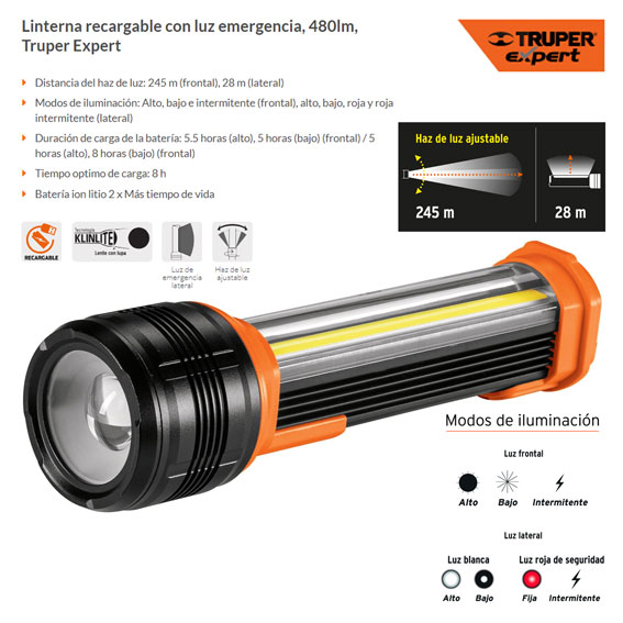 Linterna recargable con luz emergencia 480lm expert marca Truper