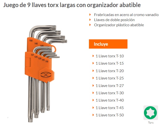 Juego de 9 llaves torx con organizador abatible, Truper, Llaves