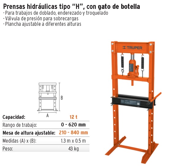 Prensa hidráulica tipo H de 12 ton, con pistón, Truper 17681