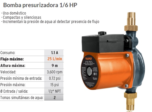 Bomba para agua presurizadora 1/6 Hp Truper