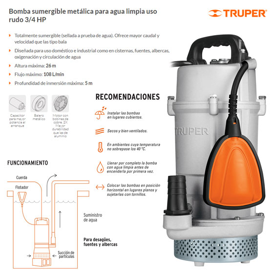 Bomba sumergible de hierro fundido para agua limpia 3/4 HP, Bombas