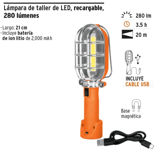 Lampara LED de taller, recargable,280 lm