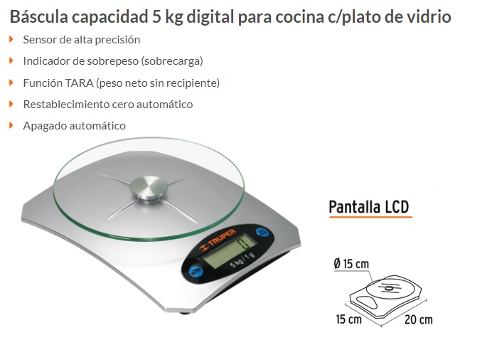 Báscula digital para cocina, plato de vidrio, 5 kg, Truper