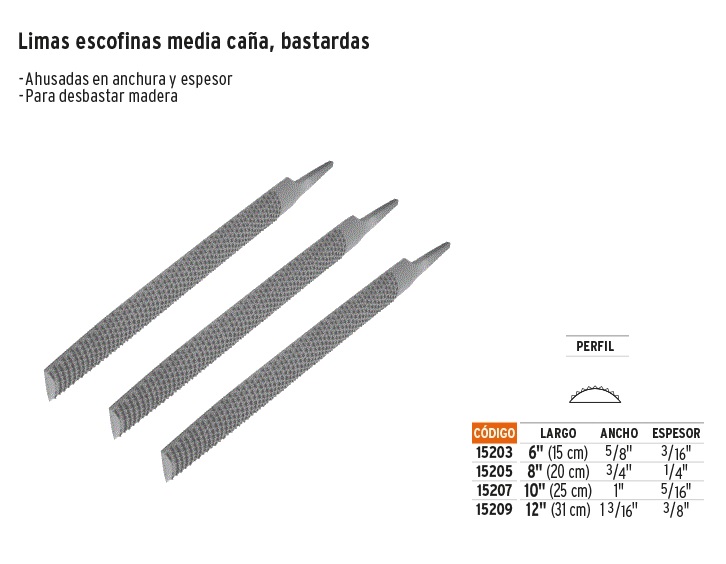 Limas escofinas media caña, bastardas con mango comfort grip, Limas Con  Mango