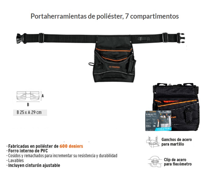 Portaherramientas 7 Compartimientos Poliester Forro PVC con cinturon,  Truper 15312