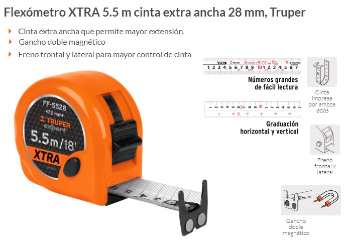 Truper flexometro xtra of 5.5 m, 28 mm tape
