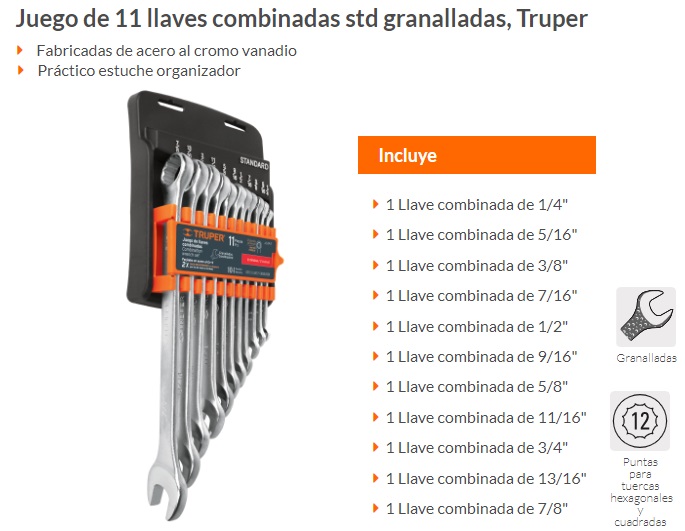 Juego de 11 llaves combinadas std granalladas, Truper, Llaves Combinadas,  15781