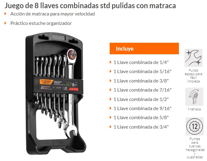 Juego de 11 llaves combinadas std granalladas, Truper, Llaves Combinadas,  15781