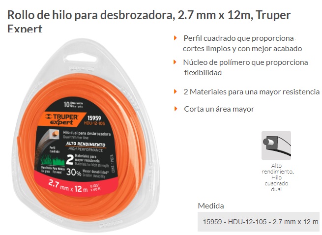 Rollo de hilo para desbrozadora, 2.4 mm x 78m, Truper Expert