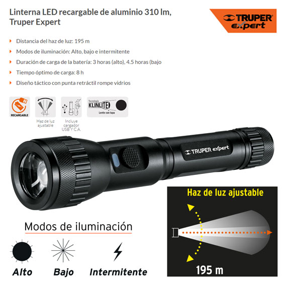 Linterna LED recargable de aluminio 310 lm, Truper Expert