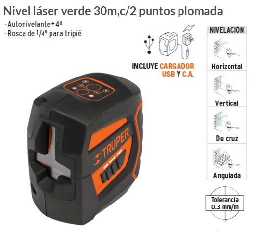 Nivel láser verde con alcance de 20 m, recargable, Truper, Niveles Láser,  17078