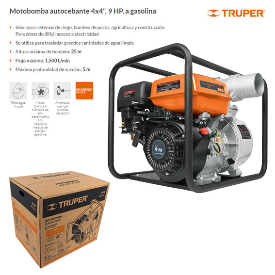 Motobomba autocebante 4 x 4 a gasolina 9 HP, Truper, Motobombas, 17118