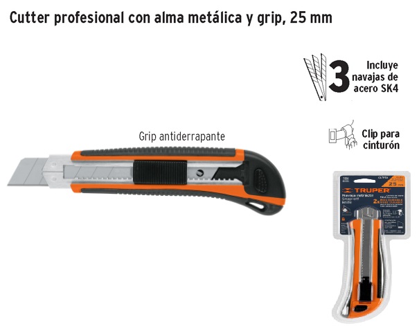 Cutter 25 mm profesional con alma metálica y grip, Truper, Cutters, 17901