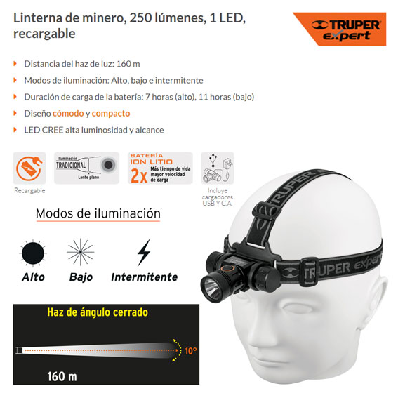 Linterna de minero 1 led cree 500 lm recargable expert marca