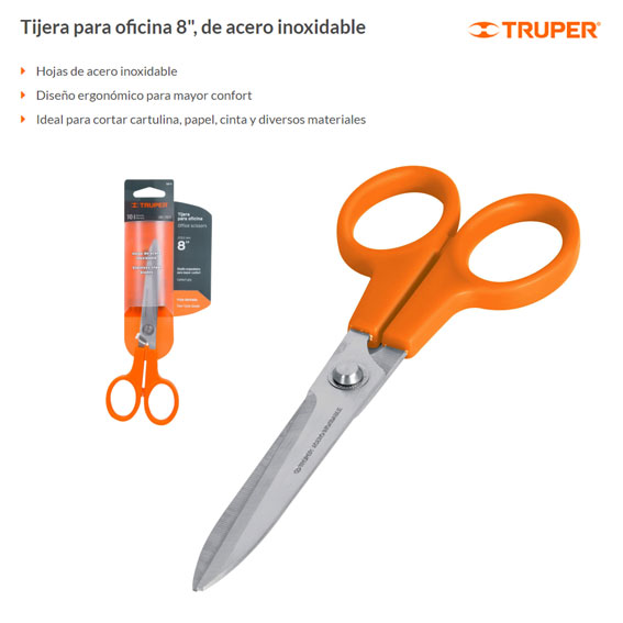 Tijera 8 de acero inoxidable para oficina, Truper, Tijeras Multiusos, 18485