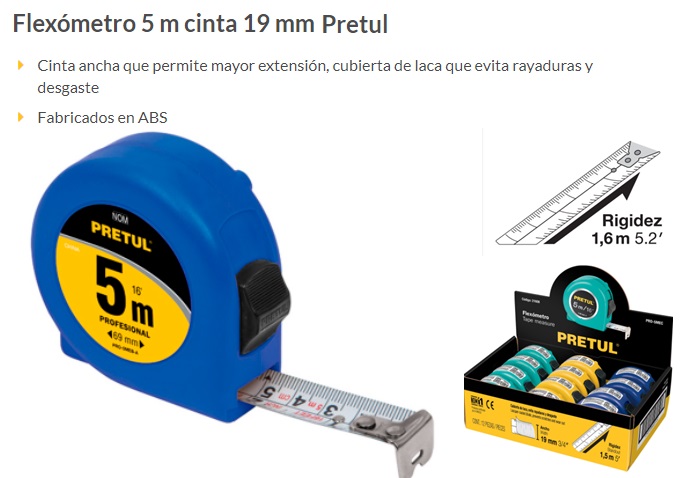 Flexómetros en tarjeta plástica 5 m, Pretul, Flexómetros