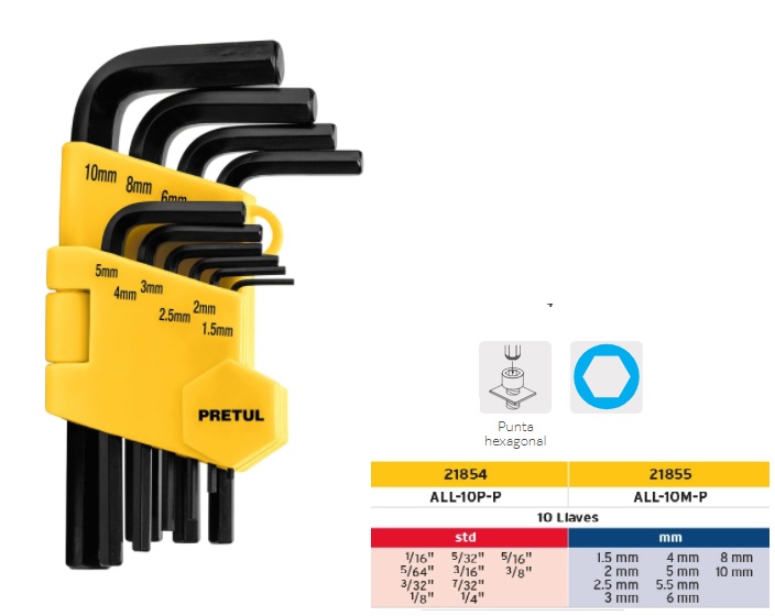 Juego 10 llaves allen mm punta hex con organizador, Pretul, Llaves Allen,  21855