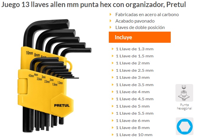 Juego 13 llaves allen largas mm punta bola con organizador, Llaves Allen,  13646