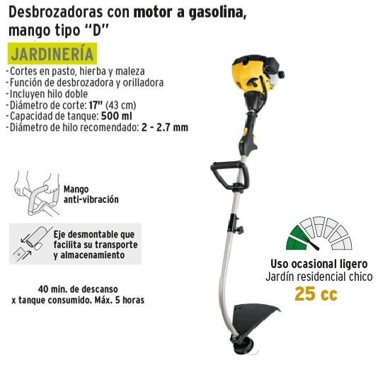 Desbrozadora a gasolina 26cc mango tipo D , 17 corte, curva, Desbrozadoras,  12496