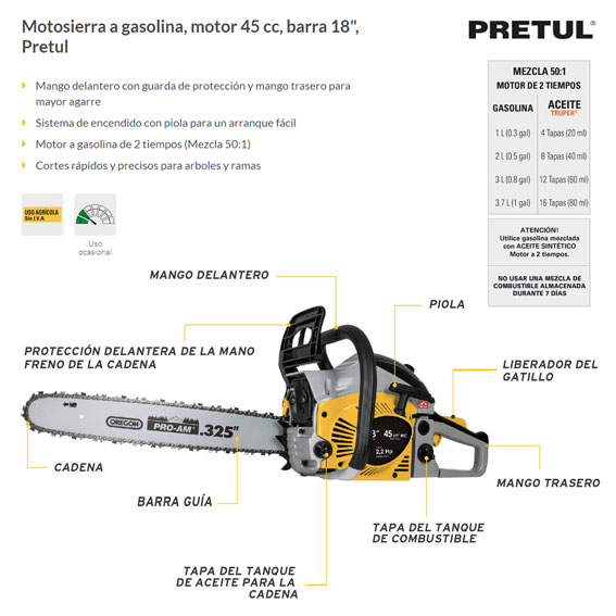 Motosierra 60 cc a gasolina con barra de 18 , Pretul, Motosierras, 27044