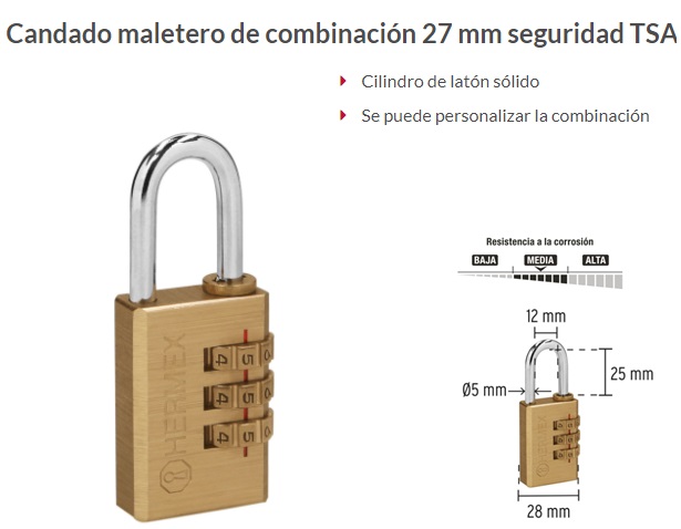 Candado maletero de combinación 27 mm seguridad TSA, blíster, Candados De  Combinación, 46291