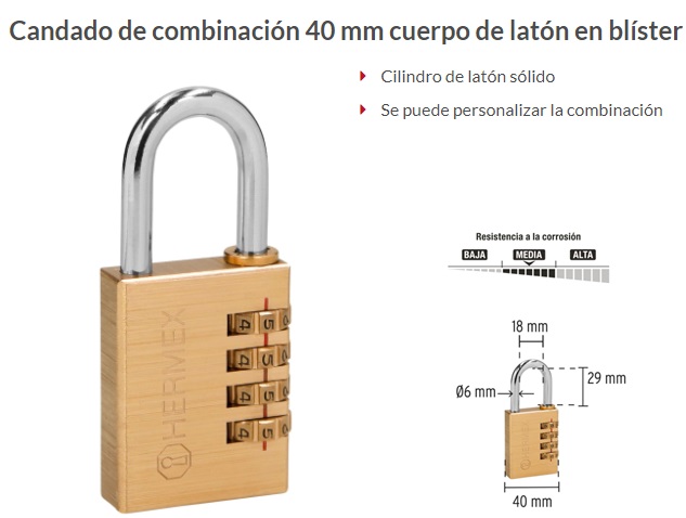 Candado De Latón 40mm De Combinación Hermex