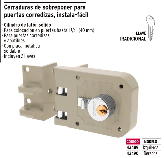 Cerradura sobreponer, clásica, instala-fácil, izq., cromo