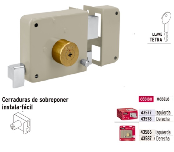 Cerradura de sobreponer 2 barras instala-fácil, llave puntos, Cerraduras De  Sobreponer, 43484