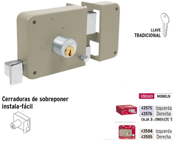 Cerradura sobreponer, clásica, instala-fácil, izq., cromo