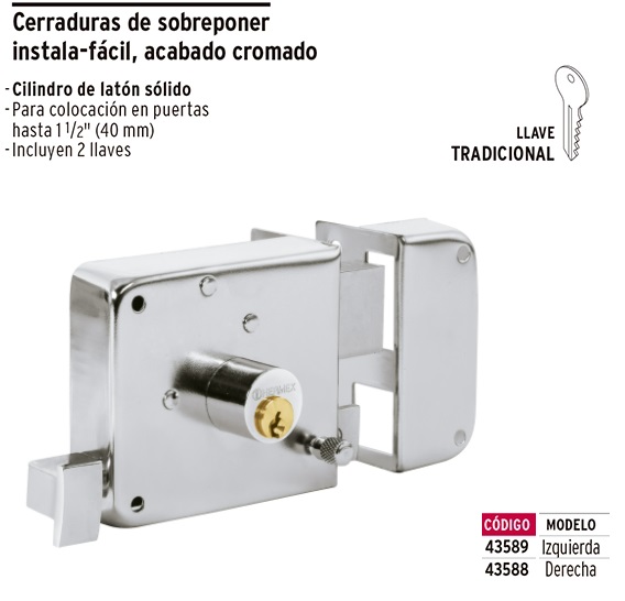 Cerradura de sobreponer 2 barras instala-fácil, llave puntos