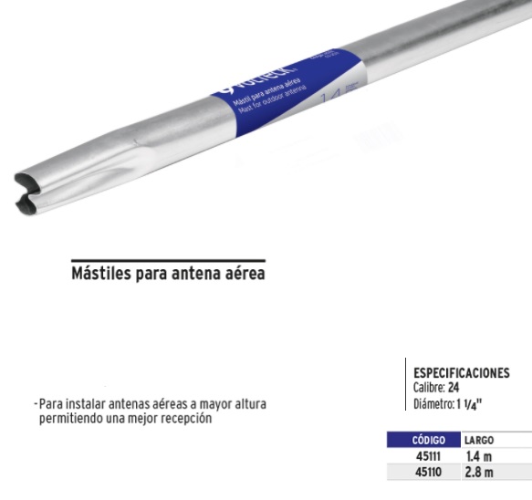 Mástil de 1.4 m para antena aérea, Volteck, Mástil Para Antena Aérea, 45111