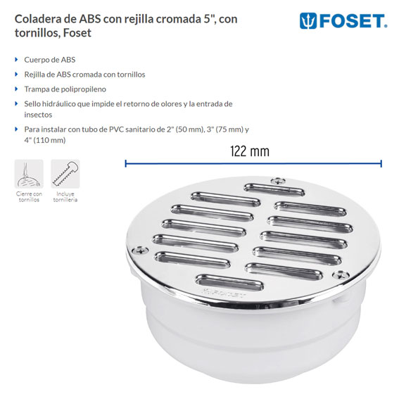 Coladera de ABS con rejilla cromada 5 , con tornillos, Foset, Coladeras,  46023