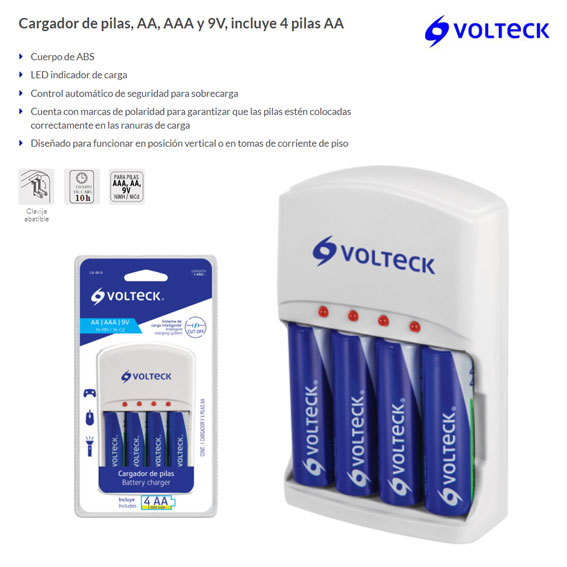 Cargador de pilas, AA, AAA y 9V, incluye 2 pilas AA, Volteck