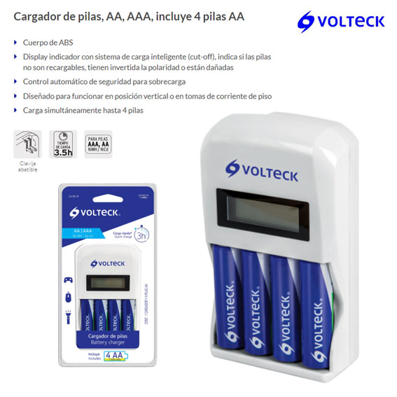 Cargador de pilas, AA, AAA y 9V, incluye 2 pilas AA, Volteck