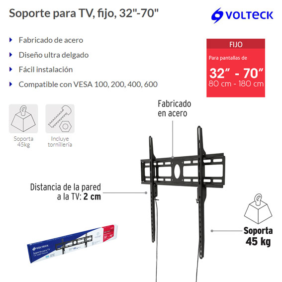 Soporte para pantallas de 32 a 70 , fijo, Volteck, Soportes Para Pantalla,  46092