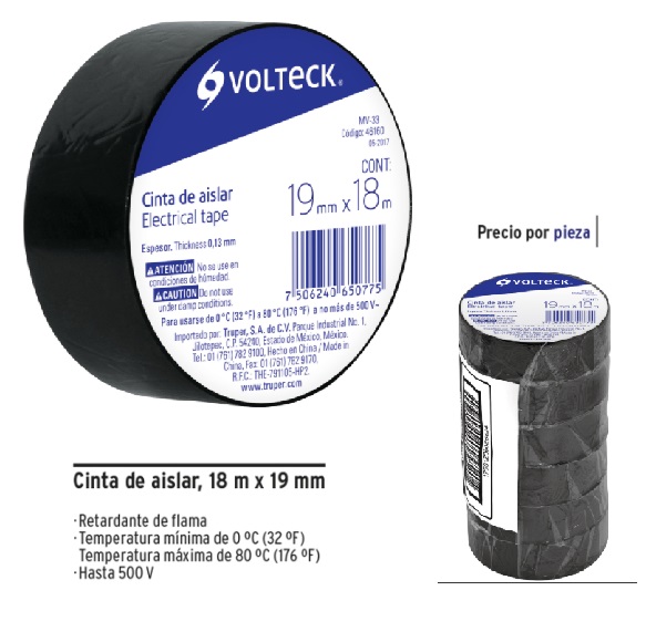 Cinta de aislar de 18 m x 19 mm, negra, Volteck, Cinta De Aislar, 46160