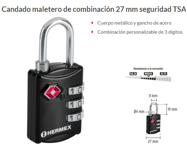 Candado maletero de combinación 27 mm seguridad TSA, blíster